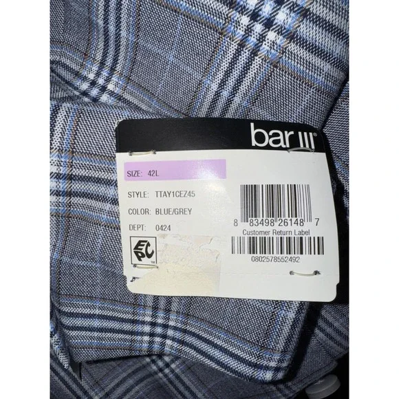 New w/ Tags Bar III Mens Slim Fit Plaid Stretch Blazer Suit Jacket Blue Grey 42L